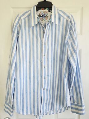 Robert Graham ✨️ Men's Blue and White Striped Cotton Dress Shirt Size XL